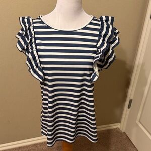Blue Striped Ruffle Sleeve Top size Large